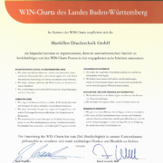 Die von Franz Untersteller, Landesminister für Umwelt, Klima und Energiewirtschaft, unterzeichnete WIN-Urkunde der Manhillen Drucktechnik GmbH