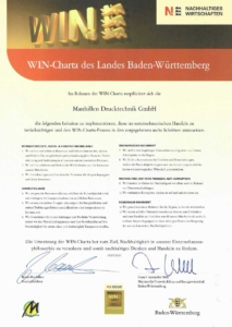 Die von Franz Untersteller, Landesminister für Umwelt, Klima und Energiewirtschaft, unterzeichnete WIN-Urkunde der Manhillen Drucktechnik GmbH