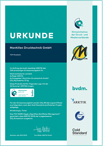 Making-of Weihnachtskarte 2020: Urkunde des bvdm zur Kompensation aller CO2-Emissionen