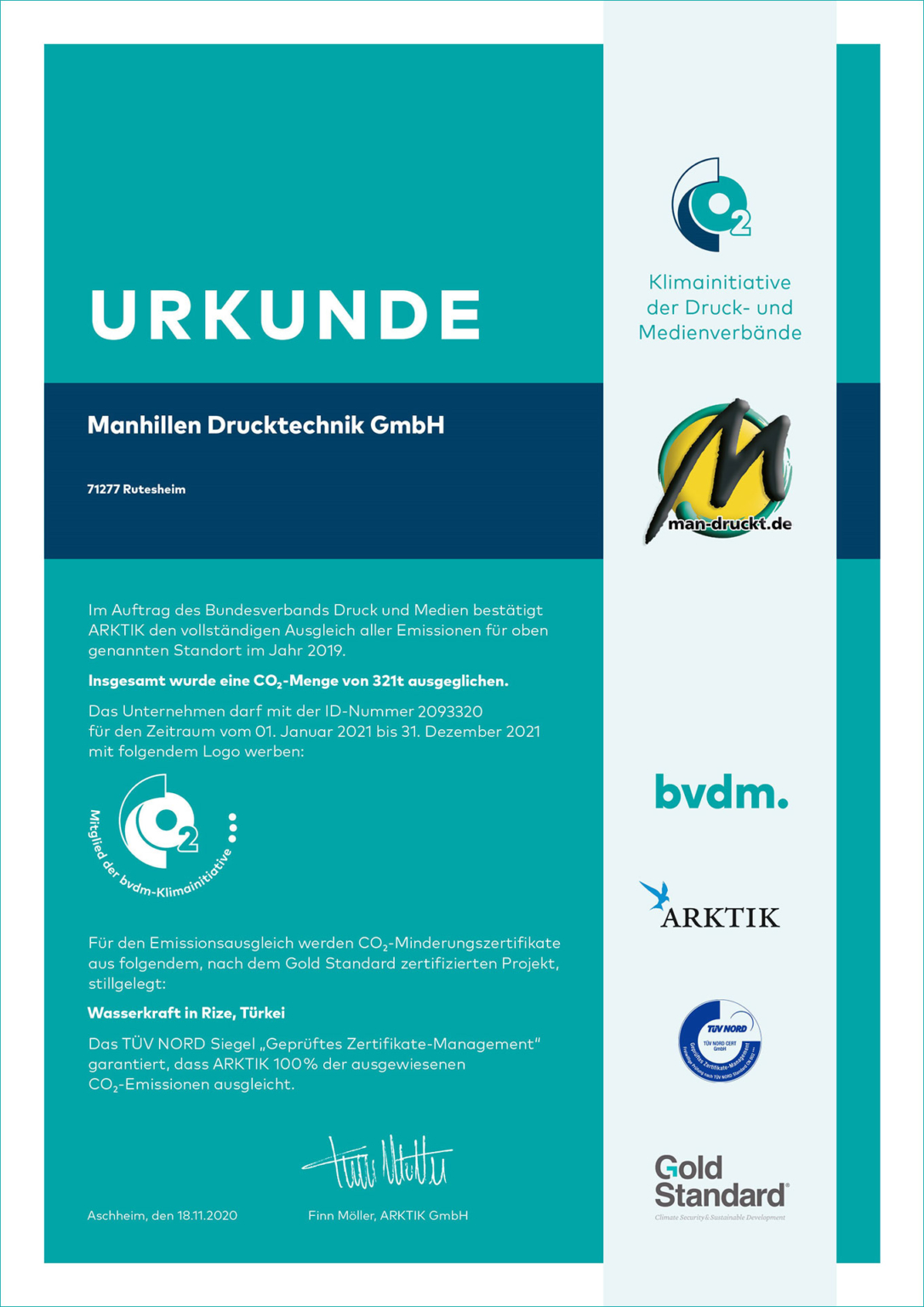 Manhillen gleicht 321 t CO2 gemäß Gold Standard Projekt aus.