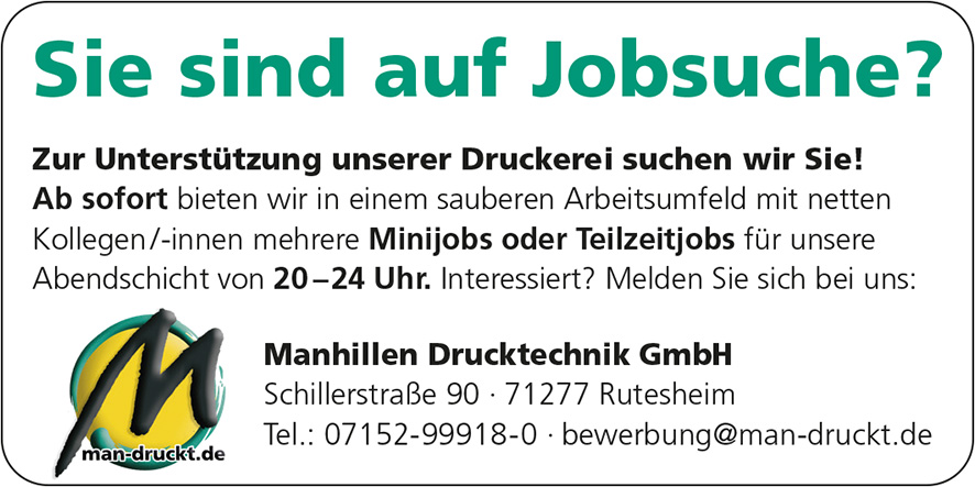 Aktuelles Jobangebot: Mitarbeiter gesucht auf 450 Euro Basis / Teilzeit für unsere Abendschicht in unserer Spezialdruckerei für UV-Offsetdruck Digitaldruck Lentikulardruck in Rutesheim bei Stuttgart